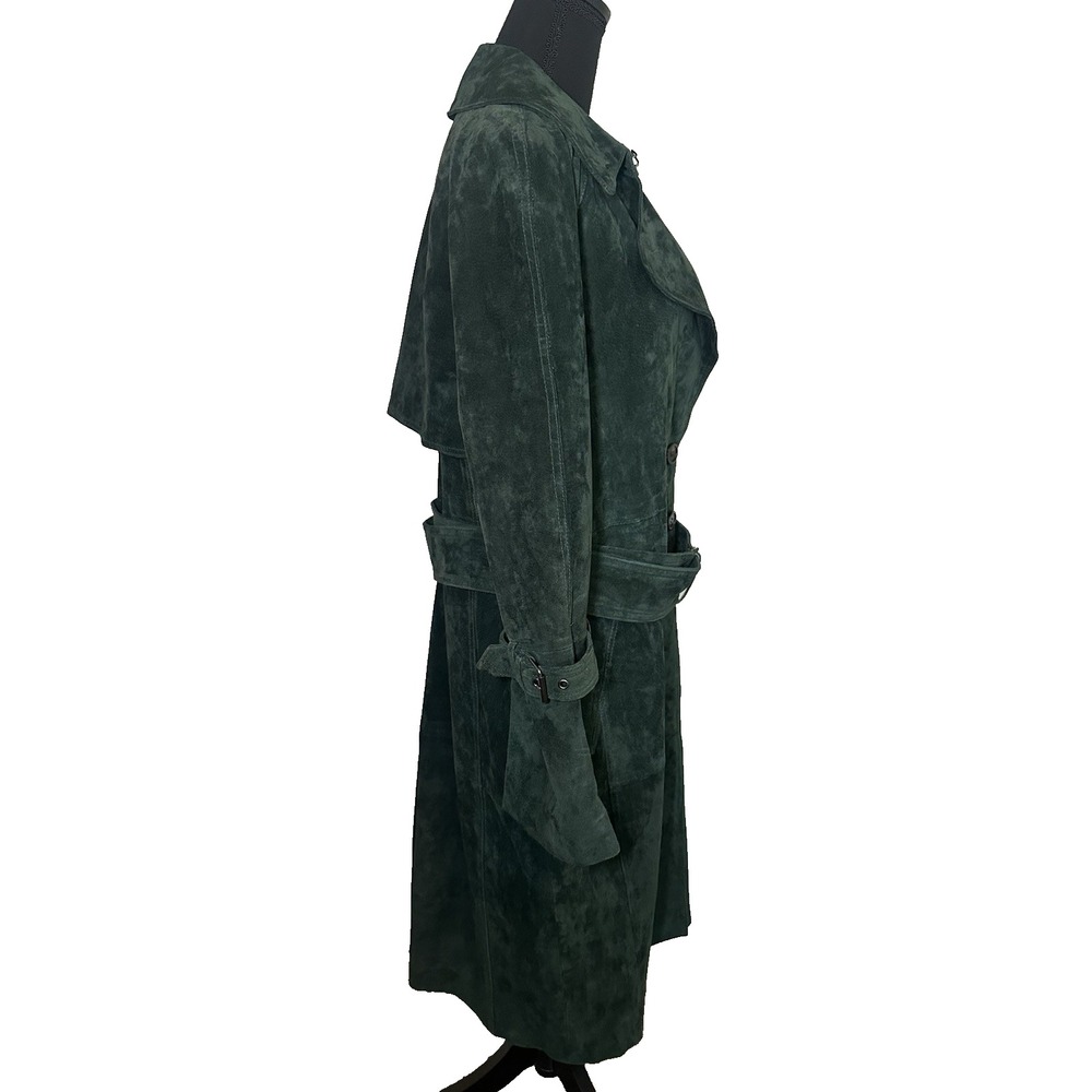 AVEC LES FILLES Foliage Green MEDIUM Genuine Suede Belted Trench Coat Luxury - Picture 5 of 16